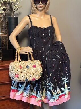 Bernie Dexter Black Confetti Border-Print Fit-and-Flare Midi Dress